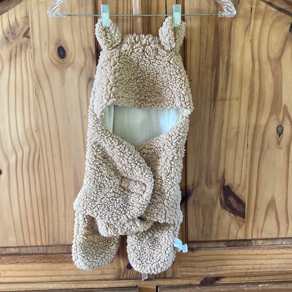 Tickle & Main tan brown fleece bear hooded swaddle winter suit